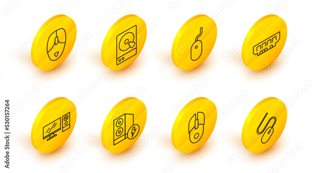 Poster set line computer mouse, case of computer, monitor, ram, random access memory, hard disk drive hdd a