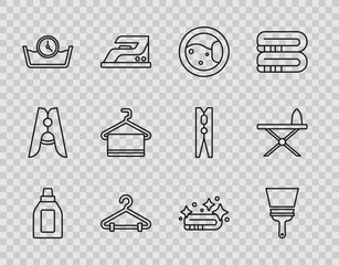Set line Bottle for cleaning agent, Rubber cleaner windows, Washer, Hanger wardrobe, Time wash, Towel on hanger, stack and Iron and ironing board icon. Vector