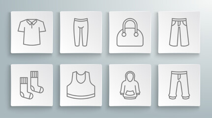 Set line Socks, Leggings, Undershirt, Hoodie, Pants, Handbag, and Shirt icon. Vector