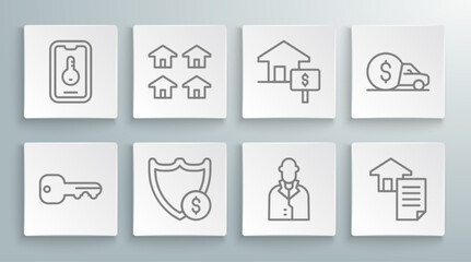 Set line House key, Real estate, Shield with dollar, Realtor, contract, Car rental and Online real icon. Vector