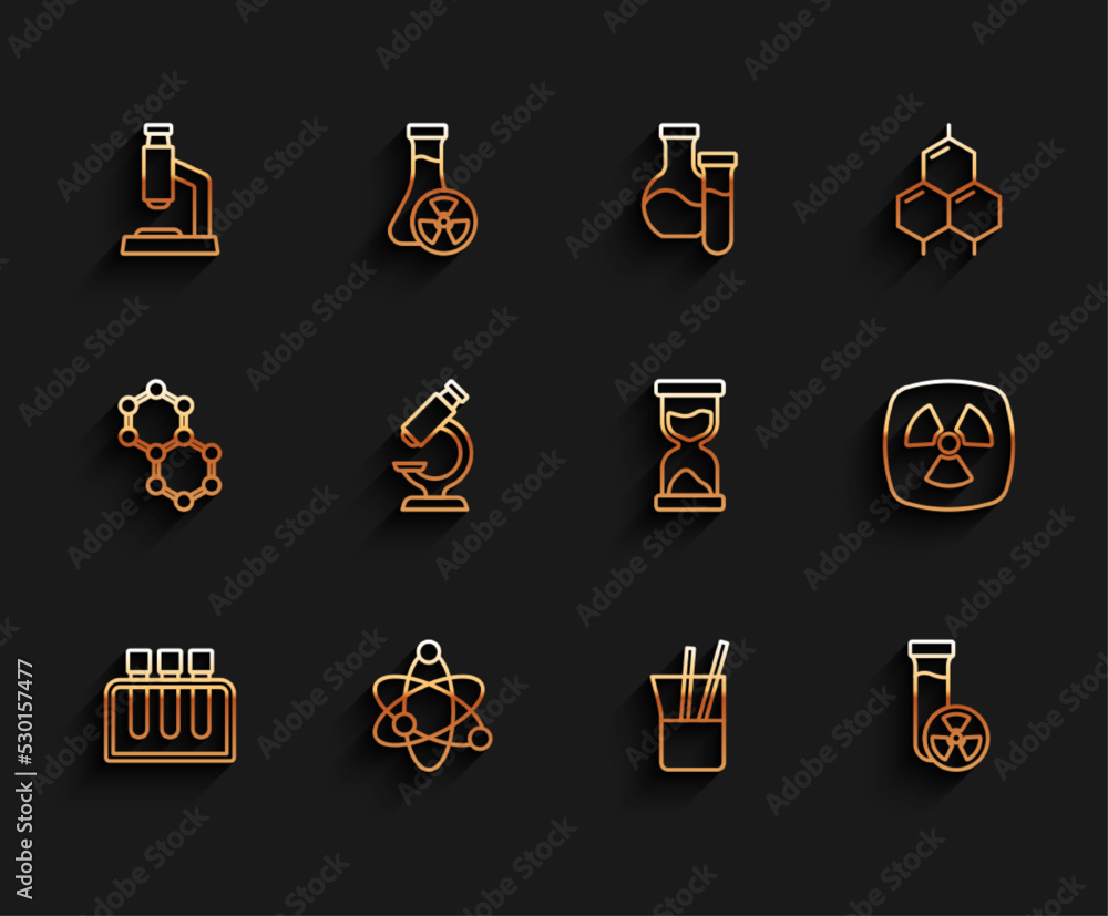 Canvas Prints Set line Test tube, Atom, Microscope, Laboratory glassware, with toxic liquid, Radioactive and Old hourglass icon. Vector