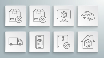 Set line Delivery cargo truck, ackage box with check mark, Mobile app delivery tracking, Envelope and, Home services, Location cardboard, Carton and icon. Vector