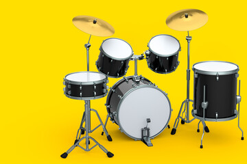 Set of realistic drums with metal cymbals or drumset on yellow background