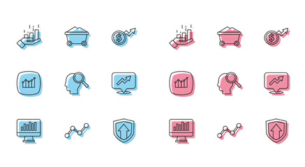 Set line Monitor with graph chart, Graph infographic, Financial growth, Search people, and Coal mine trolley icon. Vector