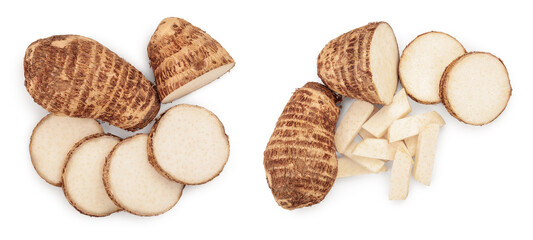 fresh taro root isolated on white background. Top view. Flat lay. Set or collection