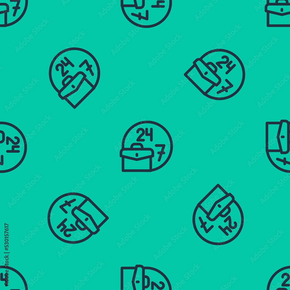 Poster blue line always busy icon isolated seamless pattern on green background. vector