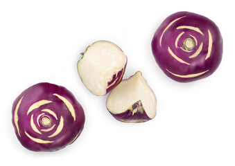 Cabbage kohlrabi isolated on white background closeup. Top view. Flat lay,