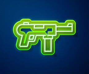 Glowing neon line Submachine gun M3, Grease gun icon isolated on blue background. Vector