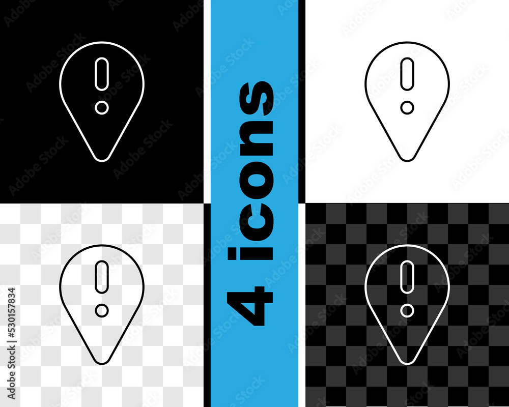 Poster set line map pointer with exclamation mark icon isolated on black and white, transparent background.