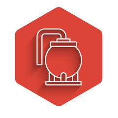 White line Oil tank storage icon isolated with long shadow background. Vessel tank for oil and gas industrial. Oil tank technology station. Red hexagon button. Vector