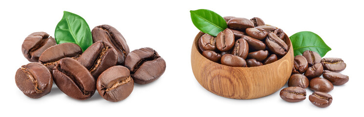Heap of roasted coffee beans with leaves isolated on white background with full depth of field,