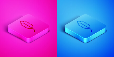 Isometric line Feather icon isolated on pink and blue background. Square button. Vector