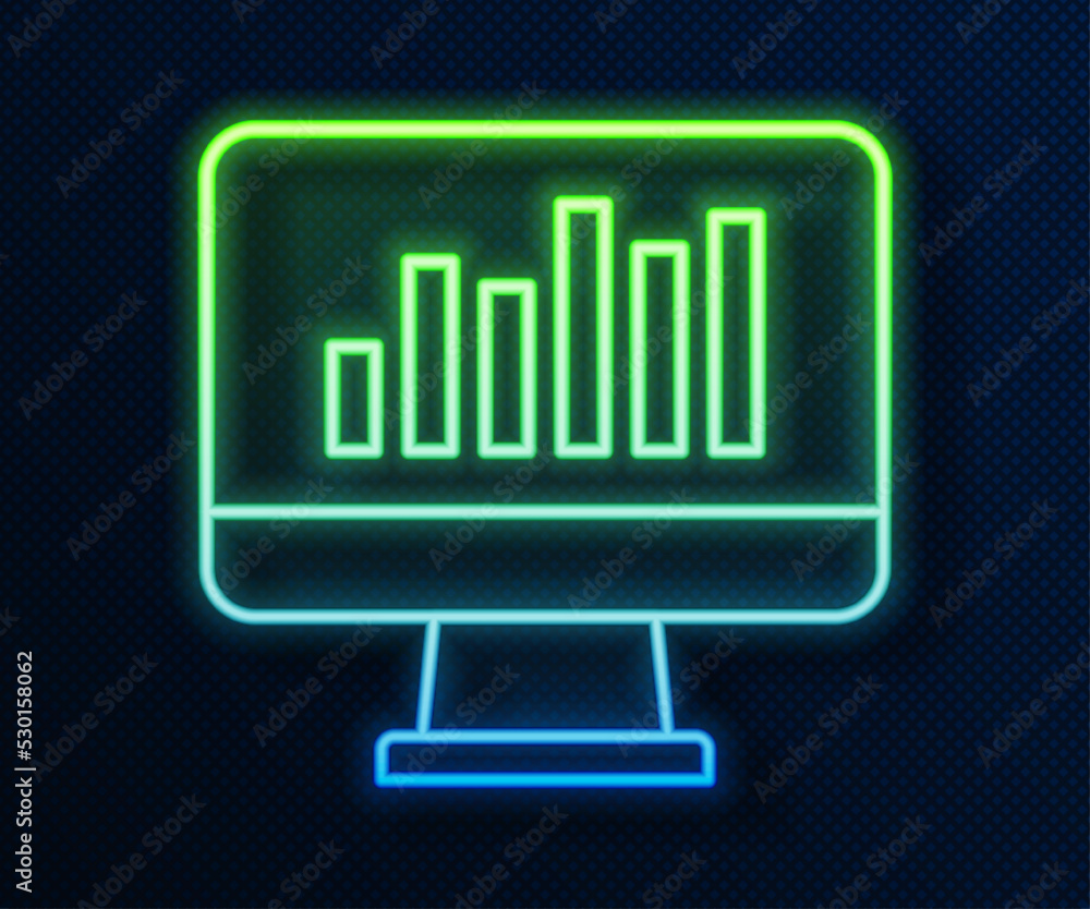 Poster glowing neon line computer monitor with graph chart icon isolated on blue background. report text fi
