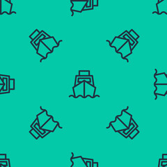 Blue line Cargo ship with boxes delivery service icon isolated seamless pattern on green background. Delivery, transportation. Freighter with parcels, boxes, goods. Vector