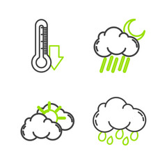 Set line Cloud with rain, Sun and cloud weather, moon and Thermometer icon. Vector