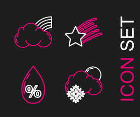 Set line Cloud with snow and sun, Water drop percentage, Falling star and Rainbow clouds icon. Vector