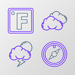 Set line Wind rose, Storm, Cloud and Fahrenheit icon. Vector