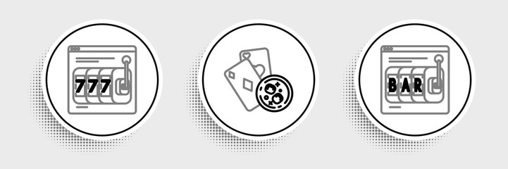 Set line Online slot machine, with lucky sevens jackpot and Playing cards and glass of whiskey ice cubes icon. Vector