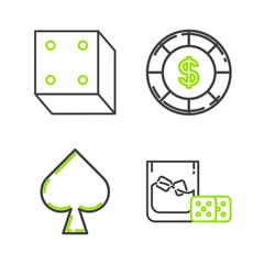 Set line Game dice and glass of whiskey with ice cubes, Playing card spades symbol, Casino chip dollar and icon. Vector