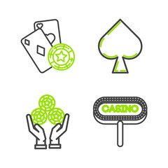 Set line Casino signboard, Hand holding casino chips, Playing card with spades symbol and playing cards icon. Vector