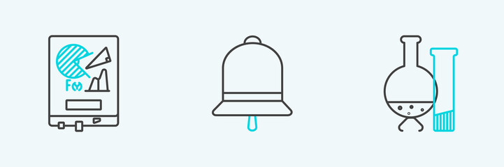 Set line Test tube and flask chemical laboratory test, Board with graph chart and Ringing bell icon. Vector