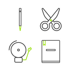 Set line Notebook, Ringing alarm bell, Scissors and Pencil with eraser icon. Vector