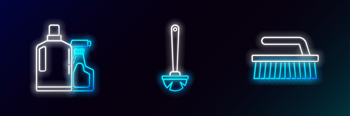Set line Brush for cleaning, Plastic bottles liquid dishwashing liquid and Toilet brush icon. Glowing neon. Vector