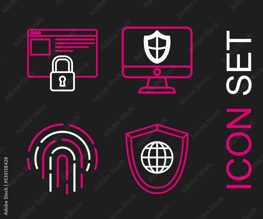 Poster set line shield with world globe, fingerprint, computer monitor and shield and secure your site http