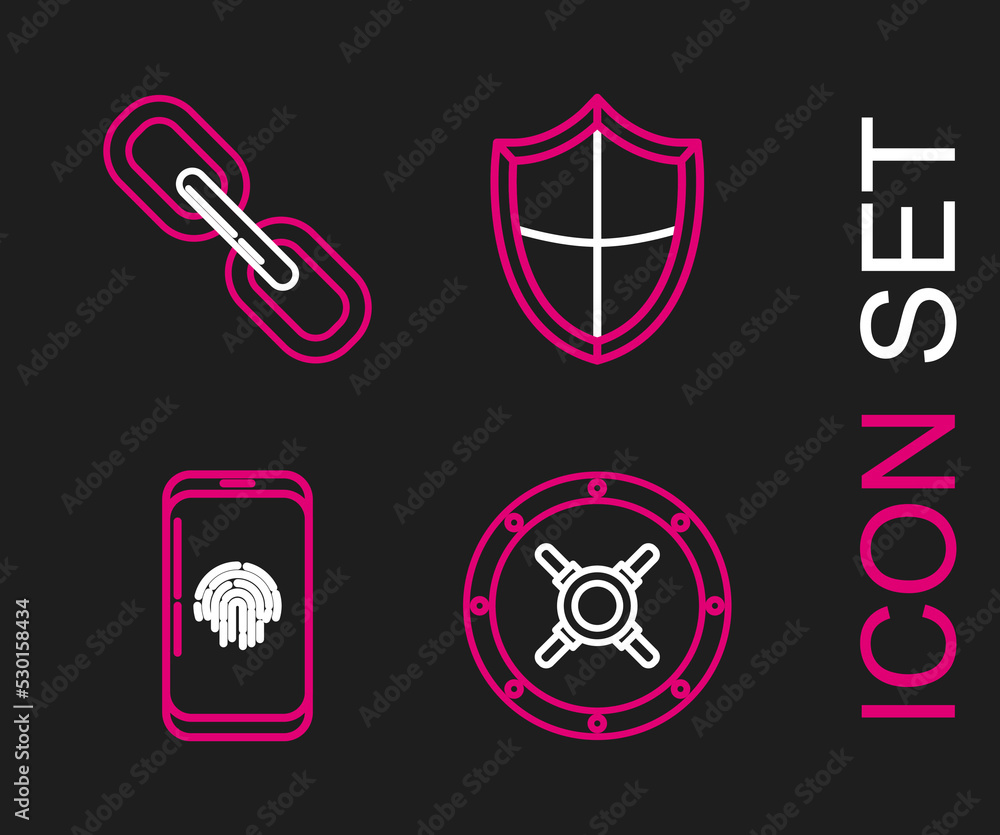 Poster set line safe, smartphone with fingerprint scanner, shield and chain link icon. vector
