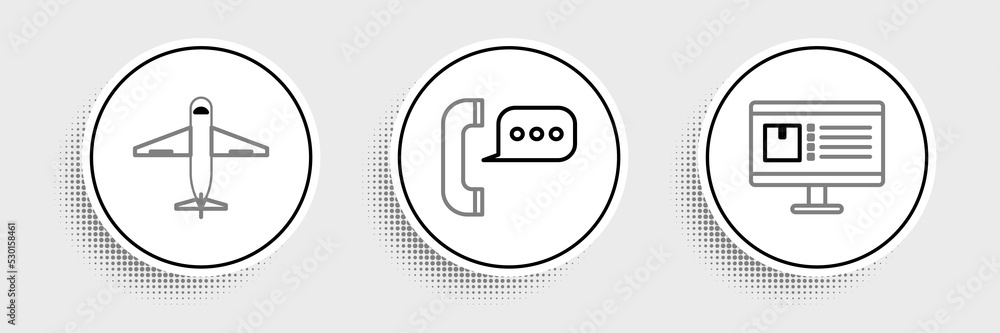 Poster set line computer monitor with app delivery tracking, plane and telephone speech bubble chat icon. v
