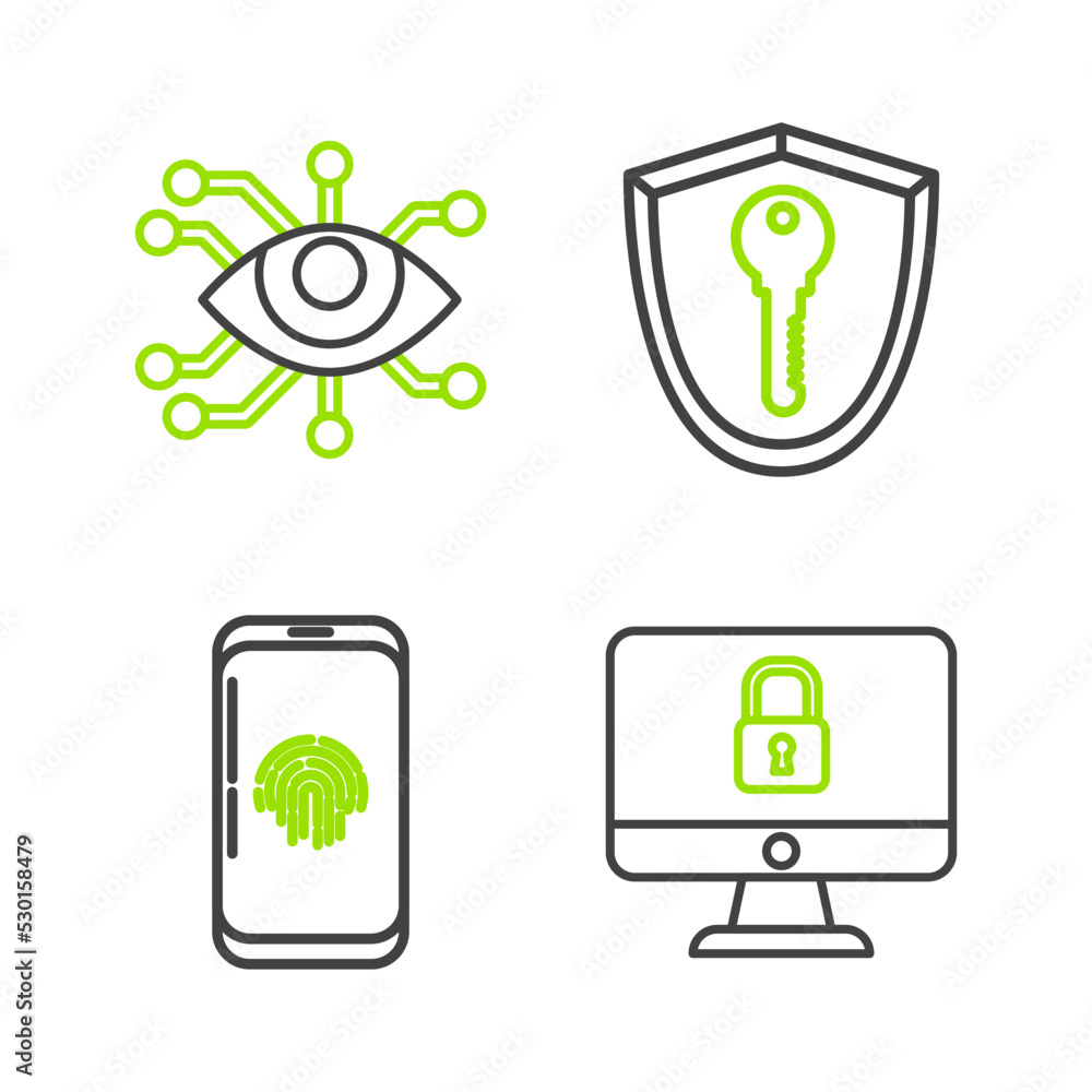 Poster set line lock on computer monitor screen, smartphone with fingerprint scanner, shield key and eye ic