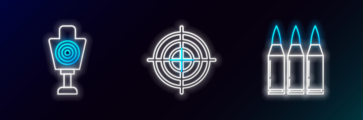 Set line Bullet, Human target sport for shooting and Target competition icon. Glowing neon. Vector © Oksana