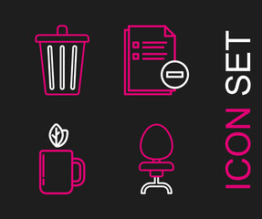 Set line Office chair, Cup of tea and leaf, Document with minus and Trash can icon. Vector