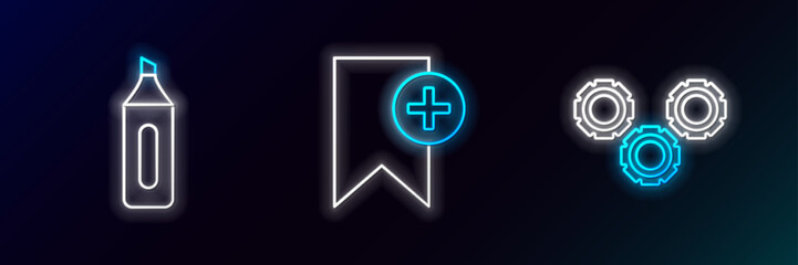 Fototapeta premium Set line Gear, Marker pen and Bookmark icon. Glowing neon. Vector