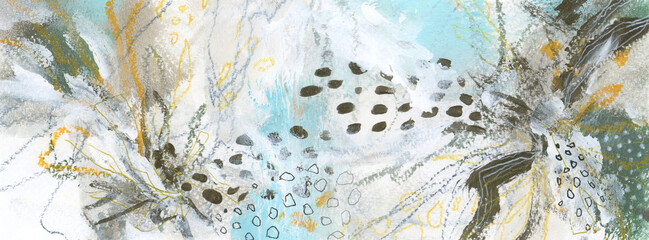 Art Watercolor and Acrylic smear blot with pencil, oil pastel scribble elements. Modern abstract...