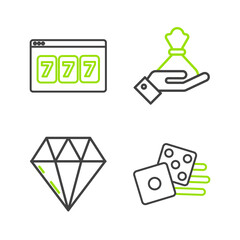 Set line Game dice, Diamond, Hand holding money bag and Online slot machine with lucky sevens jackpot icon. Vector
