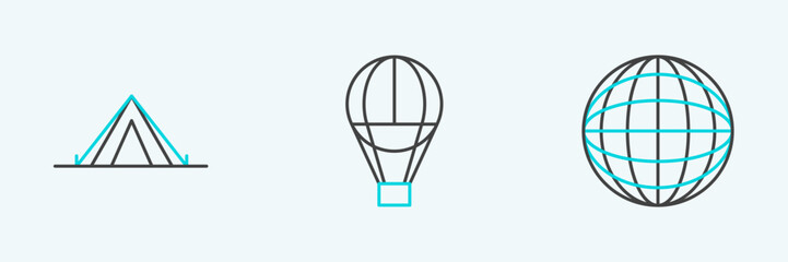 Set line Earth globe, Tourist tent and Hot air balloon icon. Vector