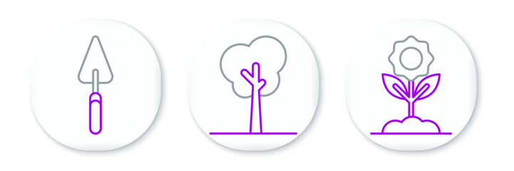 Set line Flower, Garden trowel spade or shovel and Tree icon. Vector