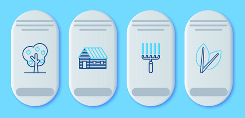 Set line Farm house, Garden rake in work, Tree with apple and Leafs icon. Vector