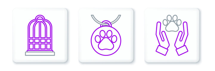 Set line Hands with animals footprint, Cage for birds and Collar name tag icon. Vector