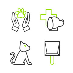 Set line Dustpan, Cat, Veterinary clinic symbol and Hands with animals footprint icon. Vector