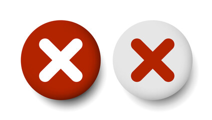 Cancel. 3d Cross icon. Red and white round icon. Vector clipart isolated on white background.	
