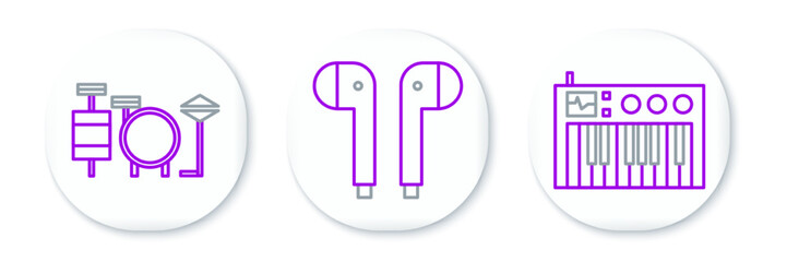 Set line Music synthesizer, Drums and Air headphones icon. Vector