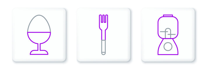 Set line Blender, Chicken egg on a stand and Fork icon. Vector