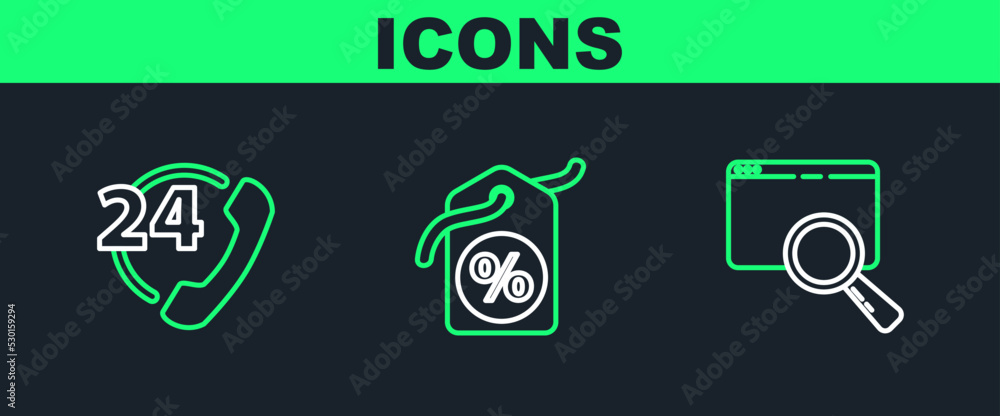 Poster set line search in a browser window, telephone 24 hours support and discount percent tag icon. vecto
