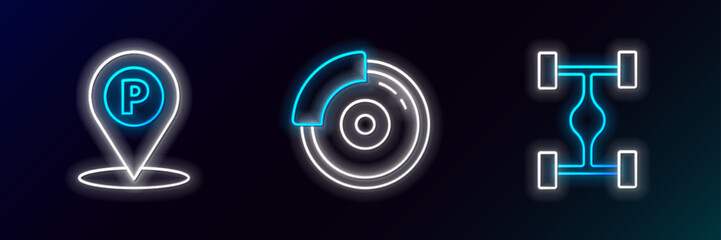 Set line Chassis car, Location with parking and Car brake disk caliper icon. Glowing neon. Vector