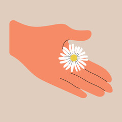 Hand holding camomile flower. Hand drawn vector illustration in flat style. Trendy design for print, logo, poster.