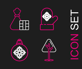 Set line Christmas tree, ball, mitten and Gift box and bag icon. Vector