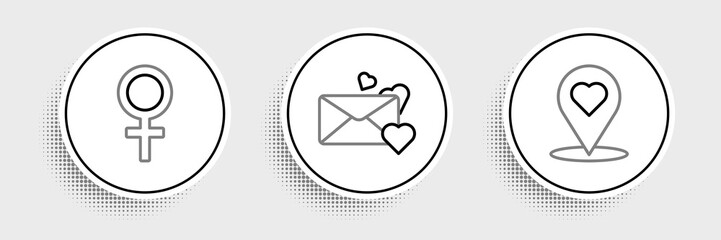 Set line Map pointer with heart, Female gender symbol and Envelope icon. Vector