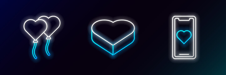 Set line Mobile phone with heart, Balloons in form of and Candy shaped box icon. Glowing neon. Vector